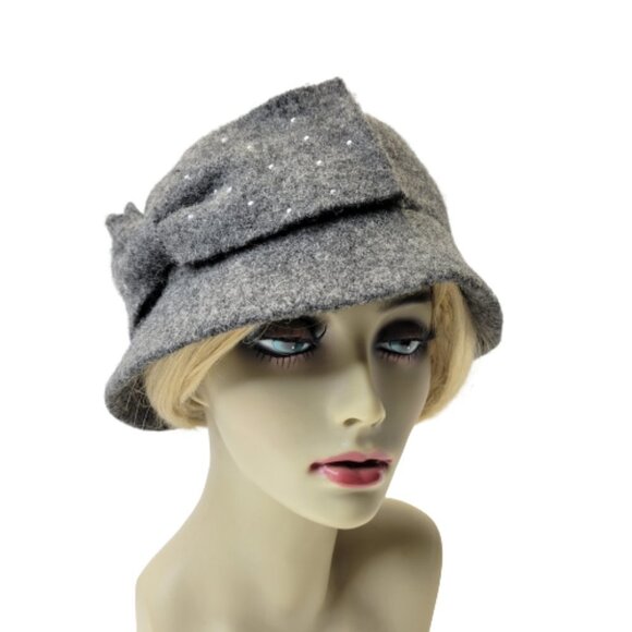 Grey Wool Hat Bow Sequin Accented Cloche Bucket Hat One Size - Picture 4 of 13